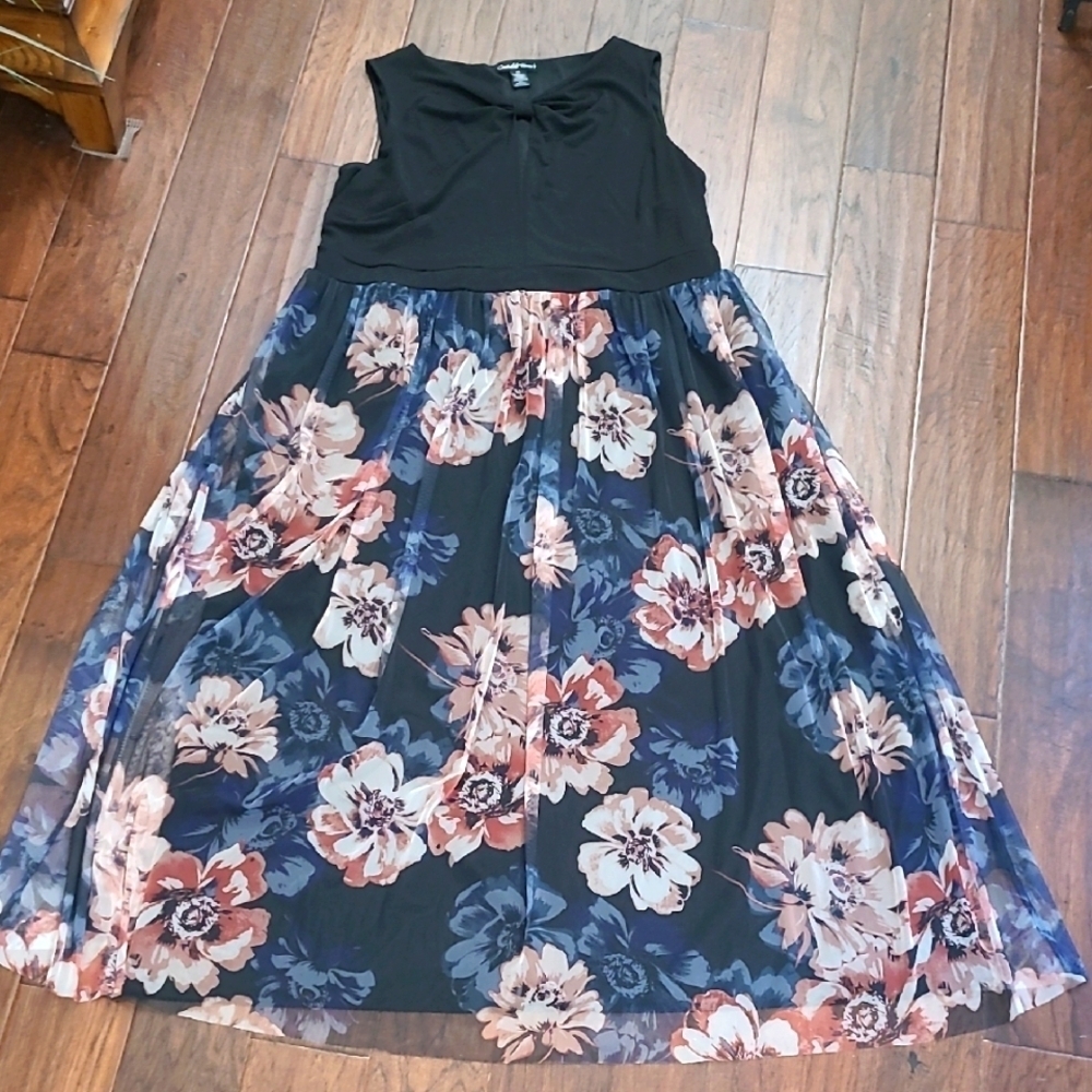 Candalite Elegant Sleeveless Black Maxi Dress with Floral Print Overlay size 3X